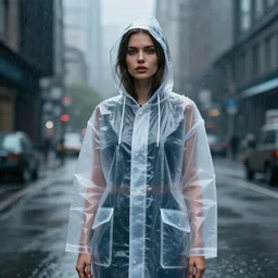 a realistic portrait of a beautiful woman wearing a futuristic transparent raincoat with hoodie in a dystopian city, raining, by ilya kuvshinov
