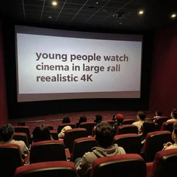 “young people watch cinema in large hall realistic 4K”