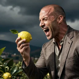 ultra realistic professional photo of a lemon yelling at Jason Statham