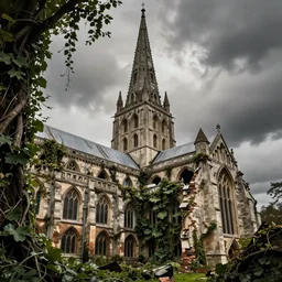 Salisbury cathedral with a broken spire, post apocalyptic ruin, overgrown with vines, muted color, epic cinematography, dramatic lighting, fantasy art, trending on artstation