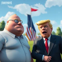 a gameplay still of peter griffin and donald trump from a videogame fortnite