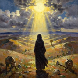anime key visual of grimdark middle east fantasy rolling hills with anime girl refugee, sunrays between clouds, in the style of jamie wyeth james gilleard edward hopper greg rutkowski acrylic painting, oil on canvas, preserved museum piece, historical