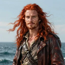 portrait of a rugged!!!! male captain with long red hair!!!!!!, upper body, flowing hair, ethereal, handsome, smirk, leather coat, pirate!!!!!!!, ocean, D&D, fantasy, simple clothing!!!!, elegant, highly detailed, digital painting, cinematic lighting, stunning lighting, sensual, deviantart, artstation, concept art, sharp focus, illustration, art by Artgerm and Greg Rutkowski and Alphonse Mucha