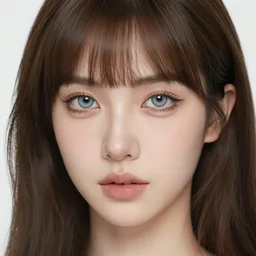 a white woman with light blue eyes, a fringe that goes below the eyebrows, a brown mole on the middle of the right cheek and hair that goes down to her shoulders, head and shoulders shot, digital art