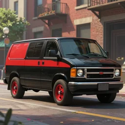 a wholesome animation key shot of one!! focused, custom black 1 9 8 3 gmc van with red stripe on side, red alloys, in chicago street, medium shot, studio ghibli, disney animation, sharp, very detailed, high resolution, rendered in unreal engine 5, anime key art by greg rutkowski, bloom, dramatic lighting
