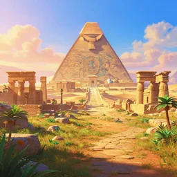 a gorgeous landscape in the style of thomas cole and pixar. ruins, reminds us of ancient egypt! beautiful beyond imagination! enchanting, mysterious, alluring. rich saturated colors, light bloom, hyperrealism, extremely detailed! 8 k, smooth gradient cgi, path tracing, trending on artstation
