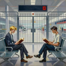 “an abstract painting of two detailed, symmetrical! beautiful men, one man is blond, the other man has dark hair, sitting far apart in an empty gate at the airport, on both sides of an empty row of chairs, reading thick old books. In the style of picasso, futuristic, a sense of melancholy”