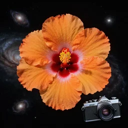 a hibiscus flower with detailed orange pedals, floats in space, hubble photo, 2 8 mm lens, olympus xa camera, 3 5 mm film, beautiful, galaxies