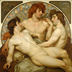 a homoerotic painting by gaston bussiere, craig mullins, alphonse mucha j. c. leyendecker, clyde aspevig of two gunslingers in love standing back to back | bandoliers, shirtless, leather clothing