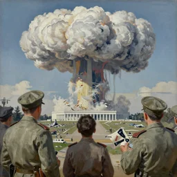 United States President viewing the destruction of Washington, Nuclear Cloud, 1958, Oil on Canvas, Antiwar