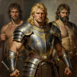 a powerful and muscular male warrior , half body portrait, blond hair, ornate armour, realistic oil painting by Thomas Cole and Wayne Barlowe and Boris Valejo