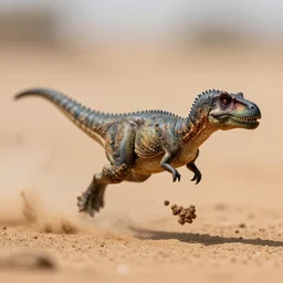 action photography, viewed from far away, award winning macro photo of a tiny ultra detailed muddy dinosaur running fast in desert sand, dirt and dust, fast shutter speed, motion blur, tiny gaussian blur, highly detailed, highly intricate, depth of field, national geographic