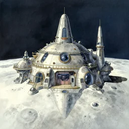 a panorama illustration of a futuristic moonbase by studio ghibli, symmetry, watercolors