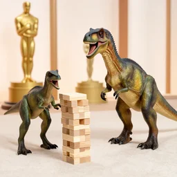 Two dinosaurs playing Jenga at the Oscars ceremony, luxury