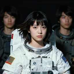 portrait of a young astronaut girl, flowing hair,  hisashi eguchi, akihito yoshida, yuya nagai, film noir, alphonse mucha, loish, murata range, cinematic, studio lighting, manga, vibrantly colored, dreamy, gradation, space nebula background