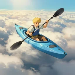 light blue kayak!!!!! blond kayaker paddling in his above the clouds in the sky, by James Gilleard, studio ghibli, highly detailed trending at artstation, 4k, hdr, backlight