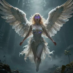 beautiful cinematic fantasy poster, one beautiful fantasy angel floating, beautiful glowing galaxy eyes, hybrid from The Elden Ring and art direction by Darius Zawadzki ;by artgerm; wayne reynolds art station; cinematic quality character render; low angle; ultra high quality model; production quality cinema model;