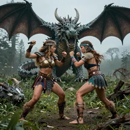 lush female barbarian Amazon fights against the dragon