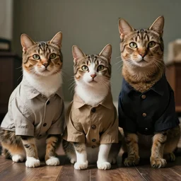 Cats and dogs wearing human clothes, award winning, very detailed, cinematic atmospheric, masterpiece