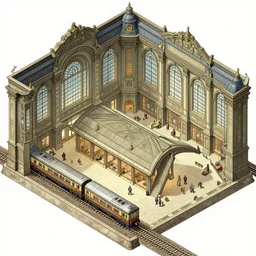 detailed details isometric building interior, train station, with train, and railway, fantasy, in the style of alex ross and moebius