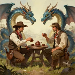 Tea ceremony between a Western cowboy and a dragon, fantasy concept art by Mark Winters, beautiful digital matte painting