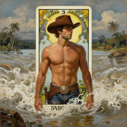 a dramatic, epic, ethereal (tarot) painting of a handsome brown shirtless cowboy | background is a torrential flooding river | tarot!! card, art deco, art nouveau | by Mark Maggiori (and Alphonse Mucha) | trending on artstation