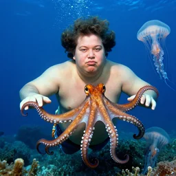 a colorful portrait photograph of fat divine underwater swimming around the hippocampus octopus and jellyfish, 1 9 9 0 s, taken by martin parr, saturated colour photo, high definition, 8 k