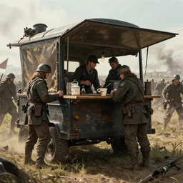 cinematic still of warriors getting coffee at a coffee wagon on the battlefield, artwork by greg rutowski