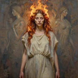 oil portrait | full medium shot | front close - up | dressed in long rags, fire in your hair, ethereal, biblically accurate goddess, multidimensional background, tiny engraved ornaments of white gold in your face, octane render, devianart, fine art, intrincate. by peter mohrbacher, marc simonetti and anna podedwor