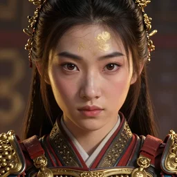 realistic detailed painting of Mulan wearing sculpted textured golden armor, intricate complexity, close-up of the front of the face, super sophisticated texture, resolute expression, back lighting, 4K resolution, symmetric, clear facial features, golden ratio, Kojima, Amano, Charlie Bowater, Karol Bak, rich deep colors, Unreal Engine 5