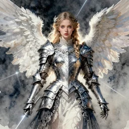 vertical portrait of an angel gothic girl in dark and white dragon armor, rococo outfit, pinterest, artstation trending, behance, watercolor, by coby whitmore, silver, laser light,