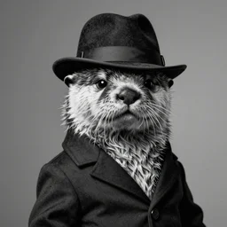 anthropomorphic masculine otter in costume in a fedora hat, juanjo guarnido, concept art, highly detailed, eddotorial illustration, b & w, noir