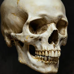 skull, close - up portrait, powerful, intricate, elegant, volumetric lighting, digital painting, highly detailed, artstation, sharp focus, illustration, concept art, ink pen, gold leaf flakes