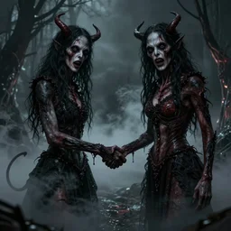 two demonic creatures shaking hands and looking at the camera, horror, nightmare, terrifying, surreal, nightmare fuel,