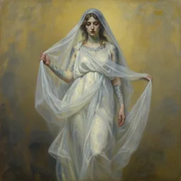 loose painting of a sad, fragile, cool, beautiful, veiled, girl covered in tattoos and translucent, flowing, greek dress, endless flowing ethereal drapery, classical greece, alla prima, oil painting, by giovanni strazza, sargent and raffaelo monti, arranged in the golden ratio, powerful pose, epic composition, face fully visible, trending in artstation