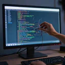 photo creative coder who got tangled in the wires, from the monitor