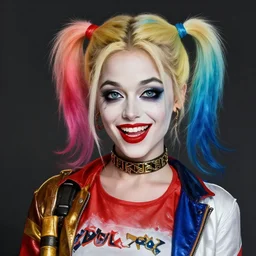 portrait of ariana grande as harley quinn, highly detailed, digital painting, artstation, concept art, sharp focus, illustration, art by artgerm and greg rutkowski and alphonse mucha