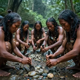 a ultra high resolution photo of asian prehistoric people, asemble at the river bank, make stone adze from pebble at the river bank in the rainforest, pretty and handsome face, high qulity realistic face, hyper - realistic, highly detailed, 8 k, cinematic lighting, global illumination, elegant, ornate, super detail, the light is dim, and the colours are muted. kodak et