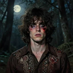 a beautiful but sinister young man in layers of fear, with haunted eyes and wild hair, 1 9 7 0 s, seventies, woodland, a little blood, moonlight showing injuries, delicate embellishments, painterly, offset printing technique, mary jane ansell