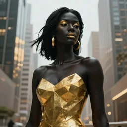photo of black goddess of war, gold makeup, in modern city, elegant, highly detailed, smooth, sharp focus, illustration, beautiful, geometric, trending on artstation, cinematic, artwork by WLOP