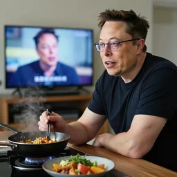 picture of elon musk wearing glasses watching tv while cooking a meal, good lighted photo, sharp details, detailed, hd, hdr