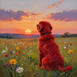 a painting from behind an ultra realistic highly detailed clifford the big red dog standing in a field of flowers watching a beautiful sunset by craig mullins, trending on artstation, color field, concept art, artstation hd, highly realistic drawing