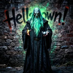 ( ( ( gandalf ) ) ) as [ hellspawn!! ], spray paint, tetrachromacy, high contrast, angry, evil, photoluminescence, cobblestone, in a symbolic and meaningful style