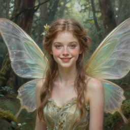 pretty face, happy forest fairy by artgerm in a scenic woods, sweet, graceful wings muted colors, sharp focus, high fantasy art, fairy aesthetics, intricate, elegant, highly detailed, hyperrealistic painting, artstation, concept art, v painterly, dreamy, soft illumination, hasselbrad photography, illustration, art by scot howden