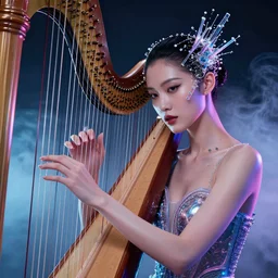hyperrealistic futuristic high fashion photography, girl in studio, vogue magazine, nomad masterpiece, nano parts, neon lights, smoke playing on a harp, eerie music, beautiful face and flawless skin, perfect hands, head piece, by Edgar Maxence and Ross Tran and Michael Whelan