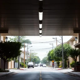 a suburban street indoors with a ceiling, fluorescent lighting