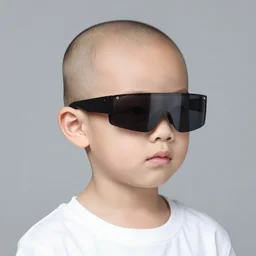 bald chinese kid wearing futuristic sunglasses
