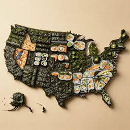 a photo of the map of the USA made from sushi, recipe, map, accurate, 8k, high detail,