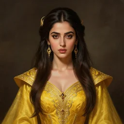 head-on centered symmetrical painted portrait, Mahira Khan as a D&D wizard, intricate yellow fantasy robes, fantasy, intricate, elegant, highly detailed, digital painting, smooth, sharp focus, illustration, dramatic lighting, artstation, in the style of Artgerm and Anna Podedworna and Alex Ross