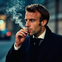 emanuel macron smoking a joint, moody, cinematic colors, bokeh